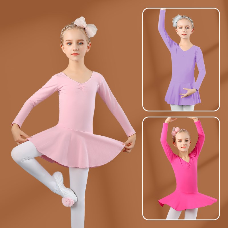 儿童舞蹈服女宝宝练功芭蕾长袖女童幼儿中国女孩考级跳舞连体服装