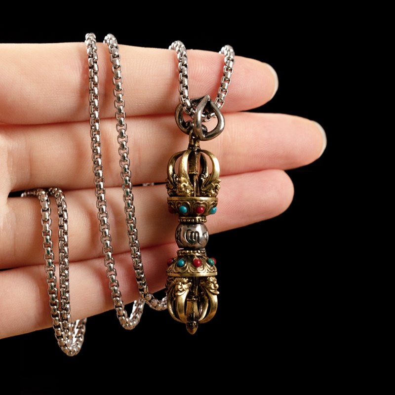 尼泊尔藏式黄铜五股金刚杵金刚橛白铜个性降魔杵项链吊坠男女法器