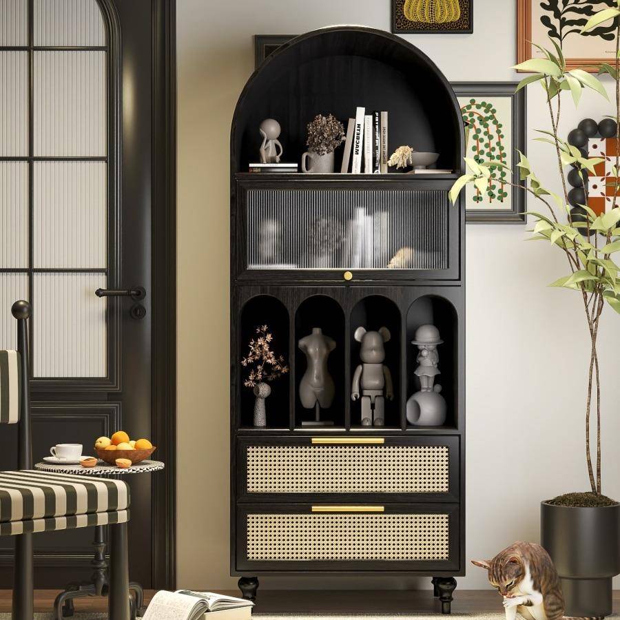 北欧实木藤编书柜落地儿童小书架法式复古收纳柜日式拱形装饰酒柜