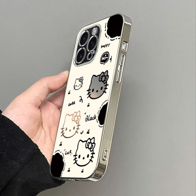 适用苹果16promax手机壳15新款iphone14电镀银13/12/11pro高级透明苹果x/6/7/8plus全包防摔苹果5s黑白粉kt猫