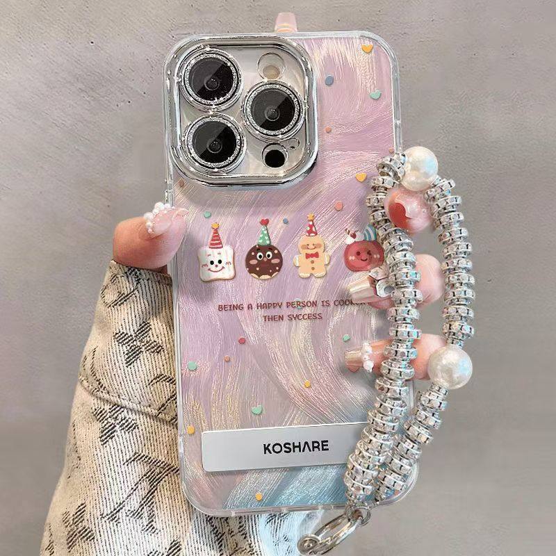 适用苹果16promax手机壳14plus新款iPhone15羽纱爆款13/12/11Pro女可爱饼干苹果xsmax防摔xr镜头膜全包带支架