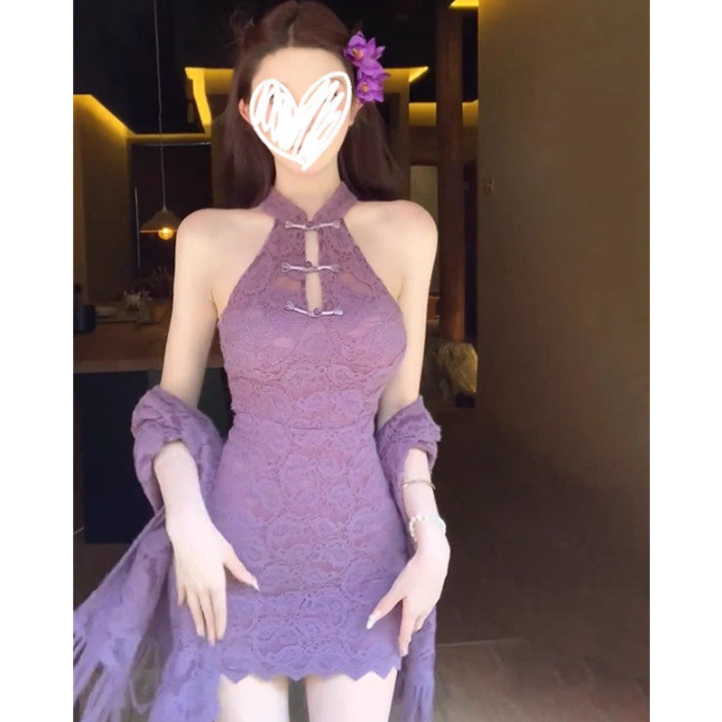 新中式女装改良旗袍挂脖蕾丝连衣裙子女夏季纯欲性感修身包臀短裙