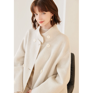 纳纹冬款立领双排扣双面呢大衣气质感百搭长款羊毛大衣女