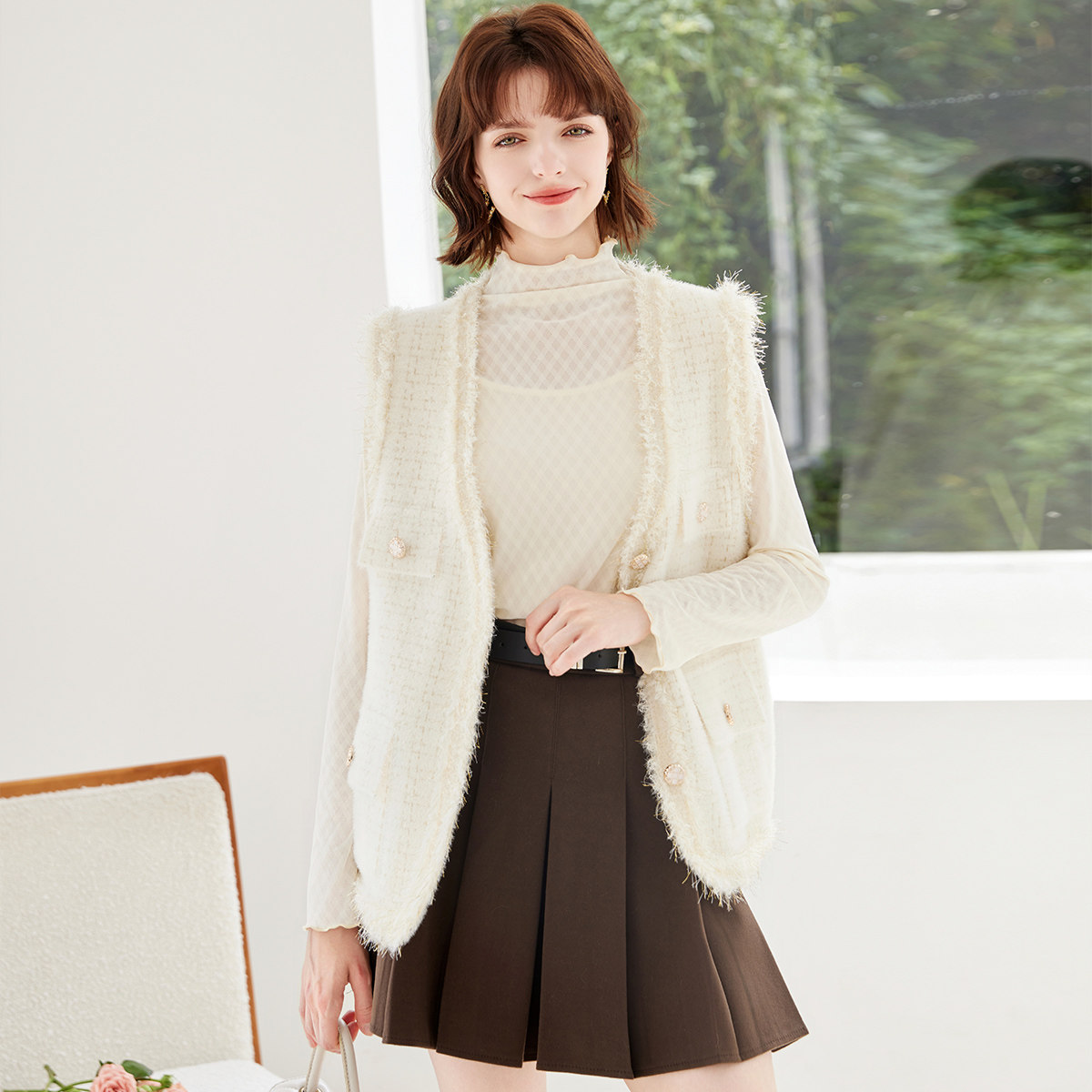 纳纹2025秋款新款小香风马甲上衣毛边开衫无袖外套优雅百搭马夹女,女装/女士精品,短外套,淘宝优惠券,粉丝福利购,淘宝优惠卷