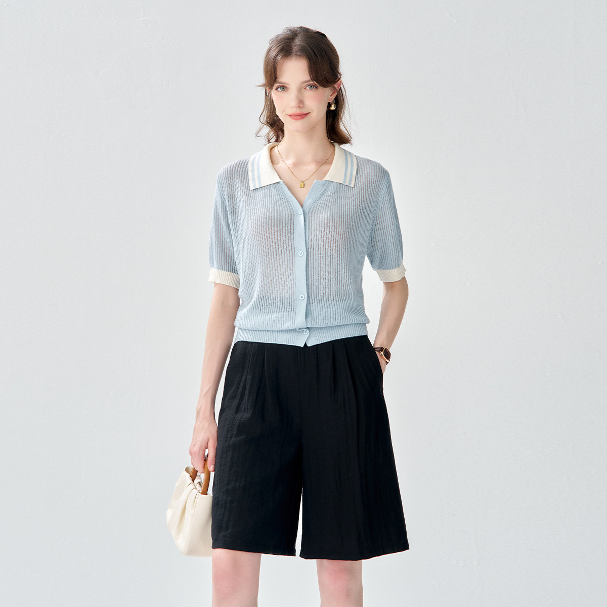 2025夏款polo领薄款针织开衫短袖上衣气质百搭针织衫女