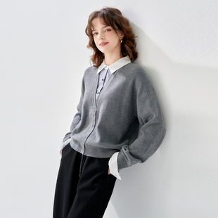 2025冬款翻领假两件气质开衫上衣休闲时尚百搭针织衫女