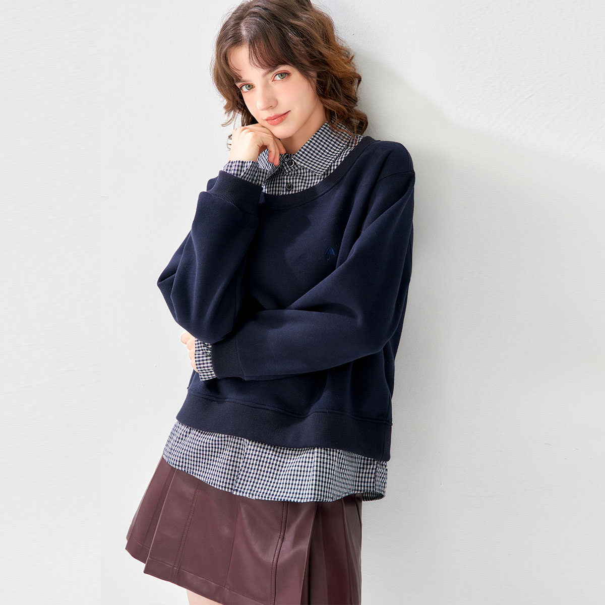 【加绒假两件卫衣】25冬假两件格纹拼接翻领上衣宽松时尚卫衣女