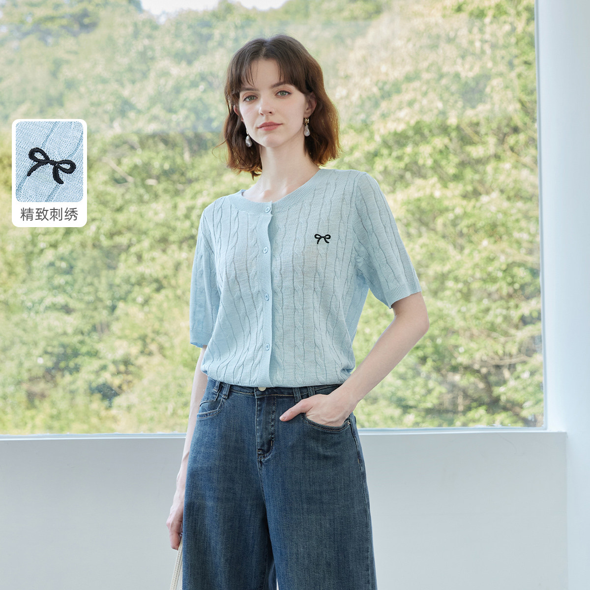 2025夏款蝴蝶结刺绣麻花设计针织短袖休闲透气百搭T恤女
