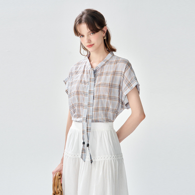 2025夏款格纹飘带领小飞袖短袖上衣时尚气质百搭衬衫女