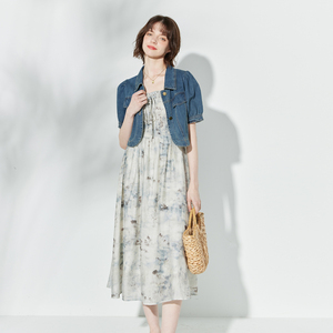 纳纹2025季新秋冬款东方新中式国风水墨印花设计吊带连衣裙套装女