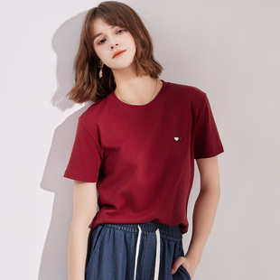 纳纹2025秋冬新款圆领棉制爱心刺绣短袖上衣韩版休闲修身百搭T恤