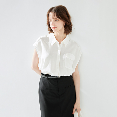 纳纹2025夏季新款翻领纯色简约无袖上衣宽松透气休闲百搭衬衫女