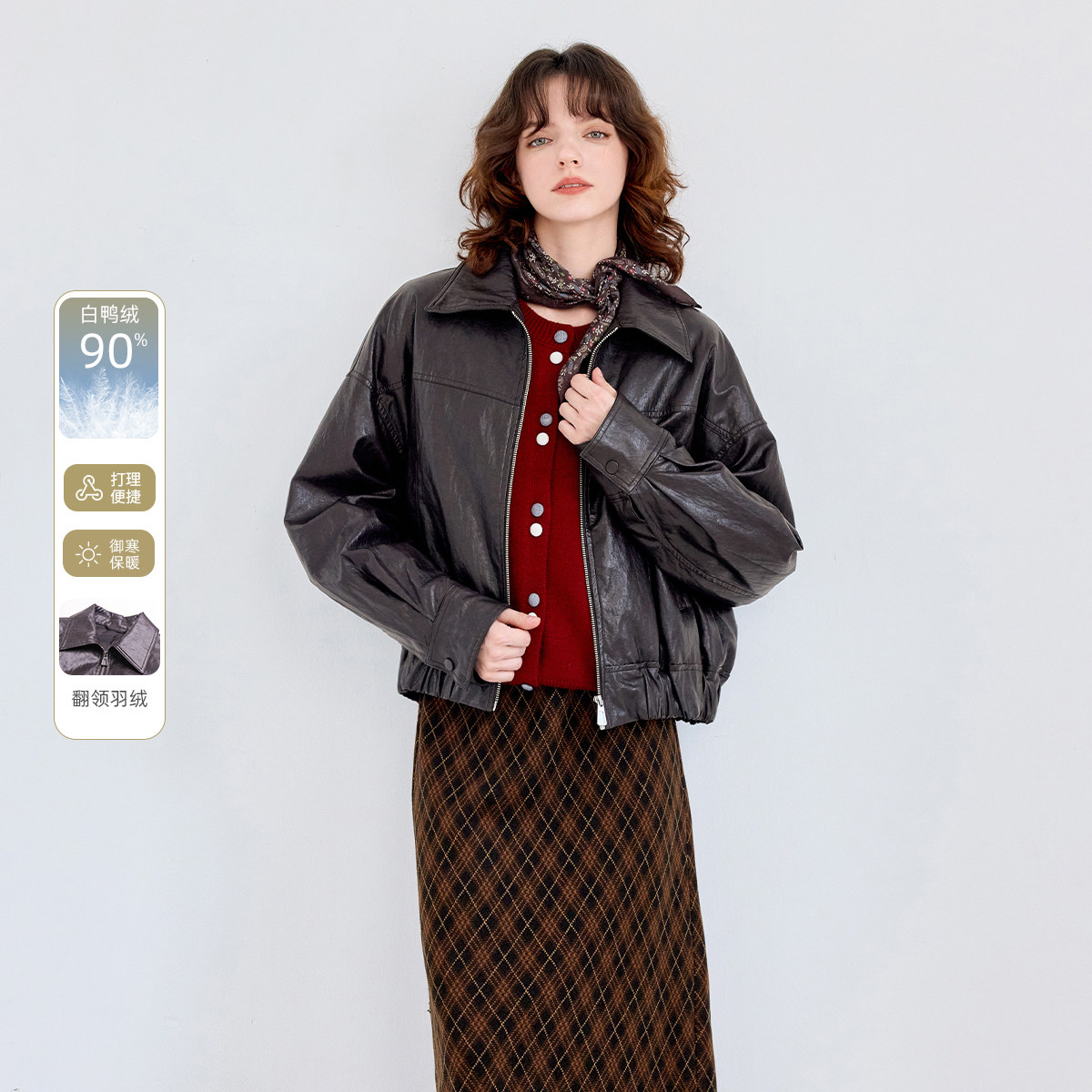 【90鸭绒】25冬款复古翻领皮羽绒夹克时尚外套保暖羽绒服女