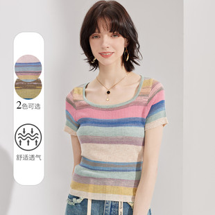 短袖 气质彩虹条纹撞色薄针织线衫 针织T恤女 新款 纳纹2025夏季