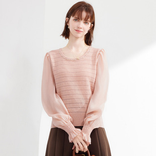 2025秋冬款上衣拼接条纹束袖毛衣百搭打底通勤针织衫女