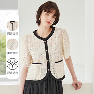 【小香风圆领衬衫】夏款撞色镂空薄款短袖衬衫知性上衣女