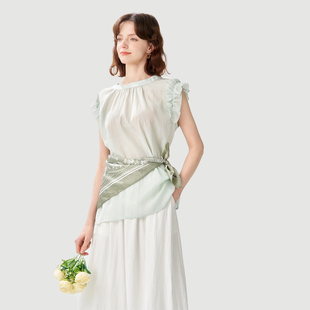 2025夏款简约圆领荷叶边短袖上衣薄款休闲时尚高级感衬衫女