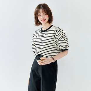 纳纹2025夏季 T恤女条纹拼接宽松短袖 上衣气质休闲百搭上装 女 新款