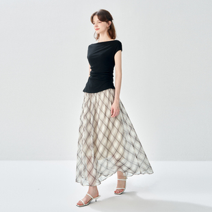 2025夏款纯色小飞袖短袖拼接连衣裙格纹半裙时尚连衣裙女