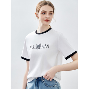 上衣宽松百搭T恤女 字母拼接印花撞色设计感短袖 纳纹2025夏季 新款