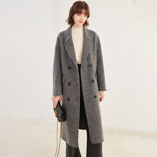 纳纹冬款西装领双面呢大衣纯色简约中长款羊毛大衣女