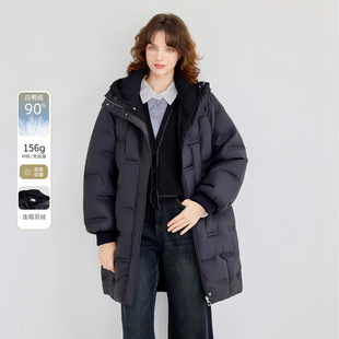 【90鸭绒】25冬款假两件连帽中长款外套上衣时尚百搭羽绒服女