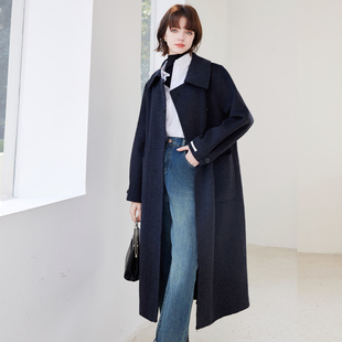 纳纹秋冬翻领盘扣优雅简约双面呢外套长款羊毛大衣女