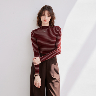 纳纹25秋季条纹拼色半高领长袖针织上衣修身气质百搭针织衫女