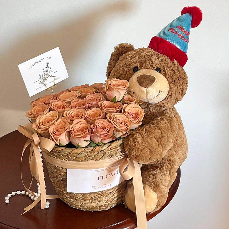永生花玫瑰仿真花情人卡布奇诺玩偶花束小熊抱抱桶送闺蜜生日礼物