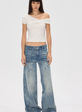 F1protagonist 美式复古重磅酵洗直筒低腰水洗闪电蓝休闲牛仔裤