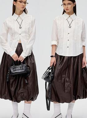 F1protagonist 收腰两穿立体裁剪木耳边显瘦设计感弹力衬衫上衣女