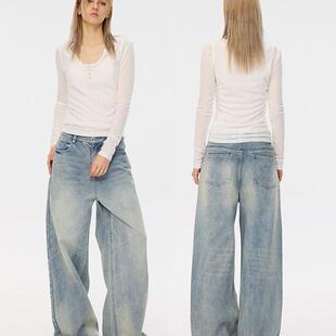 F1protagonist冰蓝复古牛仔女宽松垂感显瘦阔腿裤 酸奶棣推荐