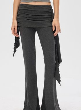 F1protagonist 灰色/黑色 假两件裙裤荷叶边系带弹力瑜伽喇叭裤