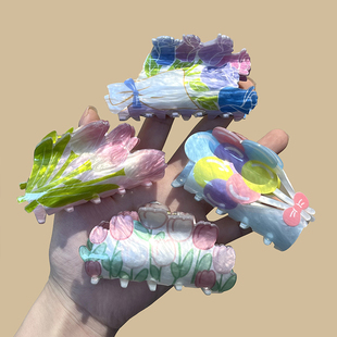 苏小北小清新醋酸花朵抓夹女甜美郁金香发夹高颜值盘发鲨鱼夹发饰