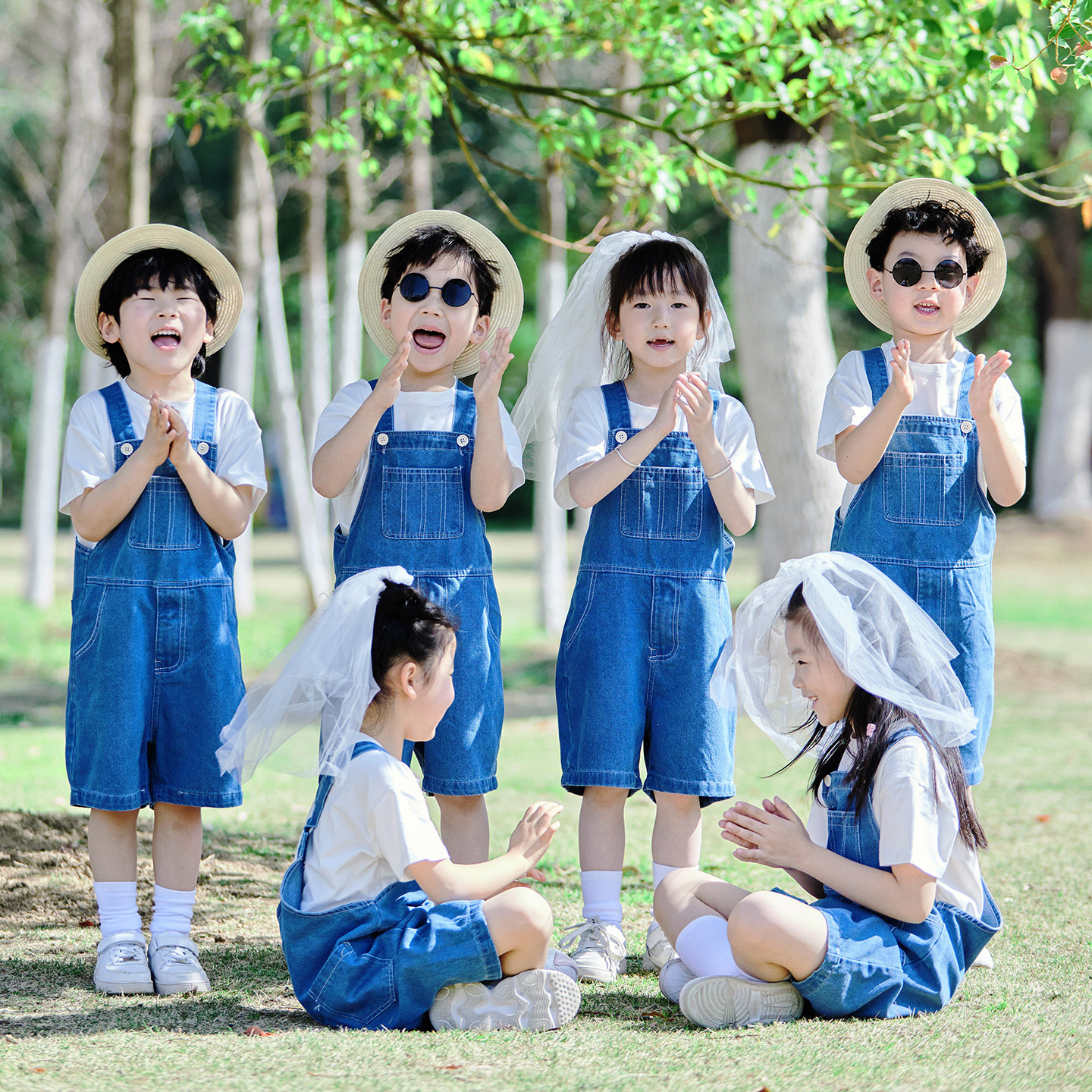 六一儿童牛仔背带短裤演出服幼儿园大班毕业服男女童拍照班服套装