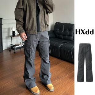 0088 微喇牛仔显瘦休闲褶皱男长裤 黑熊美式 高街硬挺大口袋痞帅工装