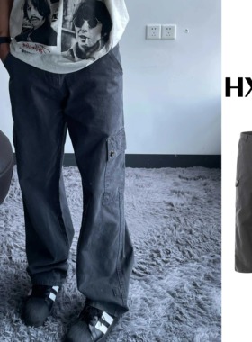 黑熊美式高街工装裤水洗做旧男款宽松直筒休闲裤子vibe风长裤0082