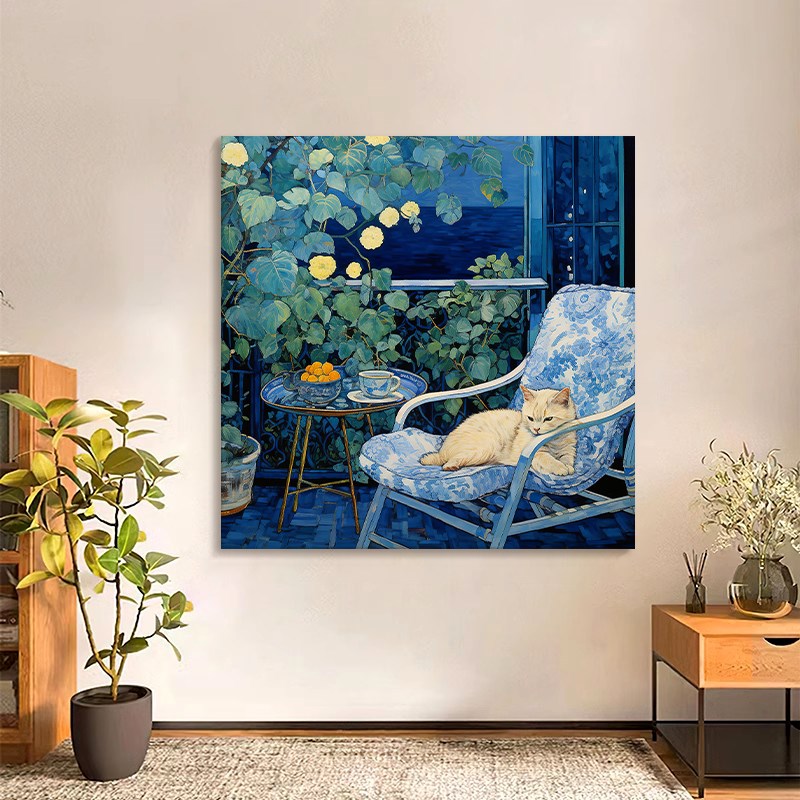 电表箱装饰画马蒂斯小众纯手绘油画中古风丙烯S客厅玄关猫咪挂画图片