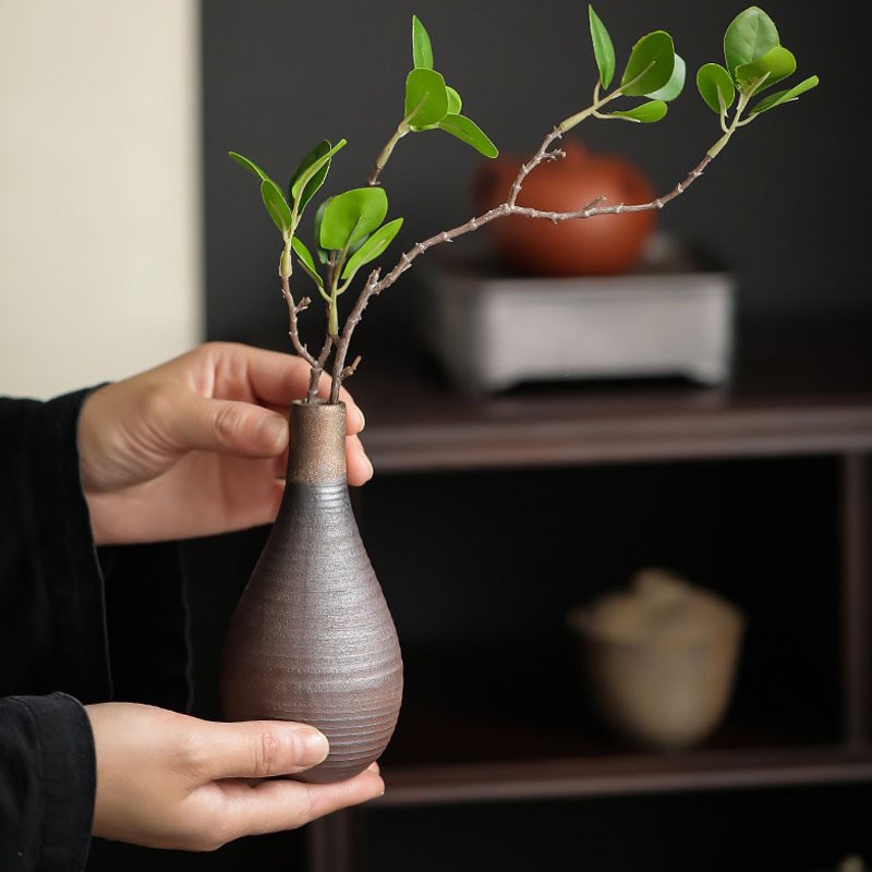 跨境粗陶a花瓶鎏金色桌面晓花瓶玄关客厅干花摆件水培花插茶道配