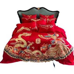 龙凤绣件套婚庆床家纺红色长绒四棉刺结婚上用品陪嫁H1191新中式