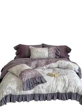 法式复四古件套双肤层纱全棉蕾丝花边印被套紫色YB202508床单软糯