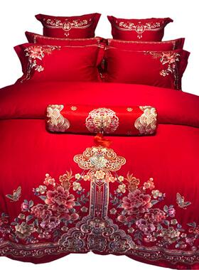婚庆60支长棉绣四刺件大红纯棉套被套结婚简约花满庭香床上用H102