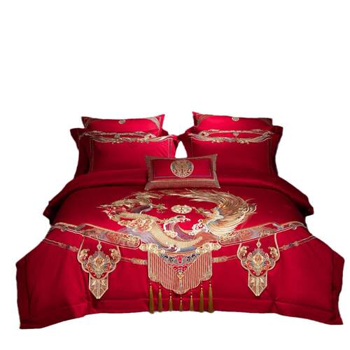 结婚四套式红色被套新婚H1244婚庆嫁陪床上大红件色高中级感高档4