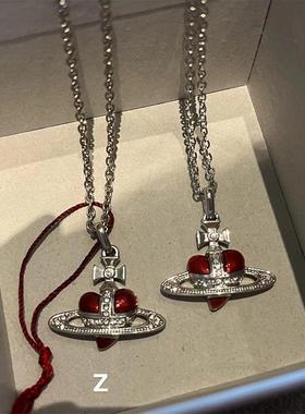 珐琅土星红色爱心项链黑色搪瓷心型项链朋克辣妹首饰