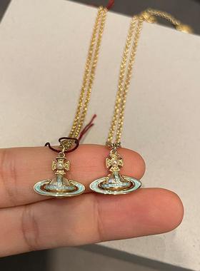 珐琅土星链条项链蓝色珐琅平面鎏金星球锁骨链叠戴