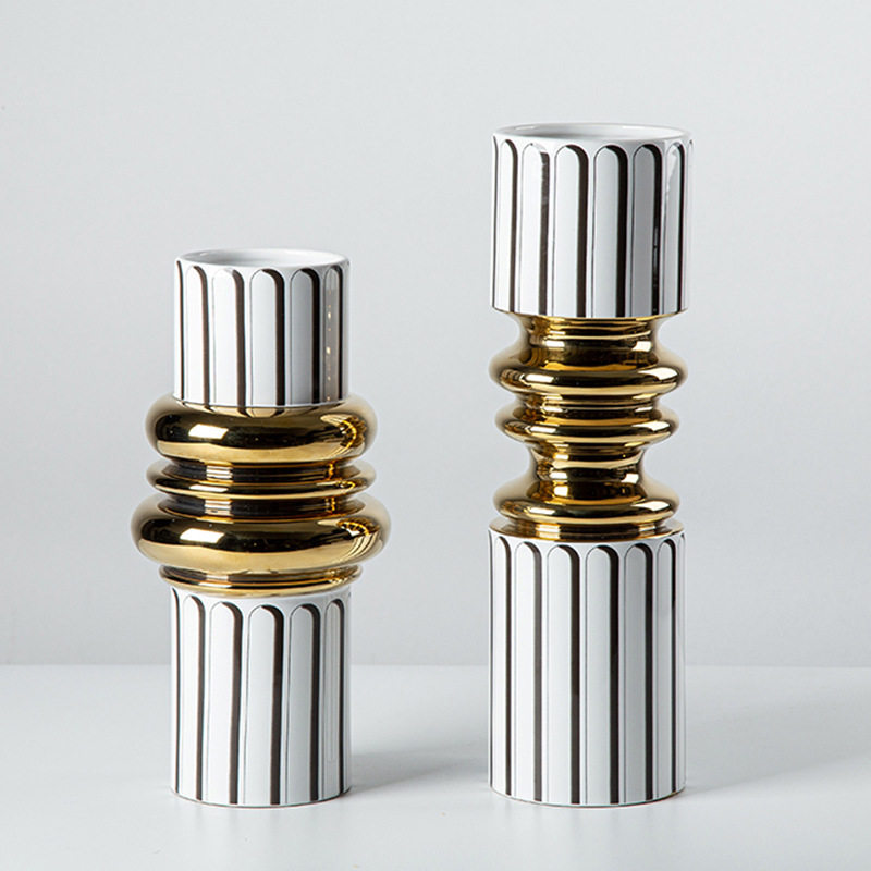 大千新品 创意抽象花器 现代树脂工艺品 金色条纹树脂花瓶摆件