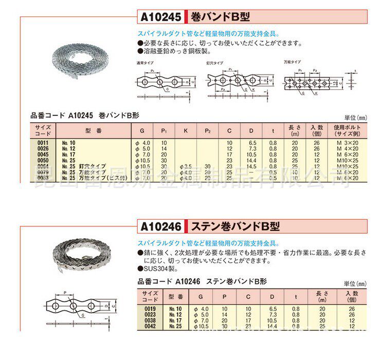 日本赤之城吊配管金属件卷曲式管箍B型(热浸镀锌/不锈钢)