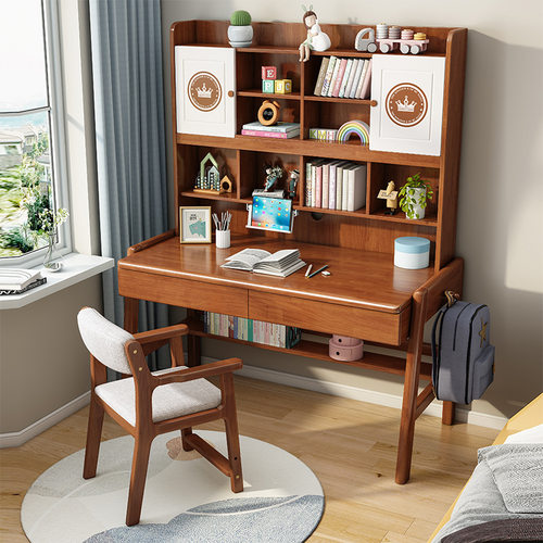中小学生学习桌儿童实木书桌书架组合家用北欧风格写字做作业桌子