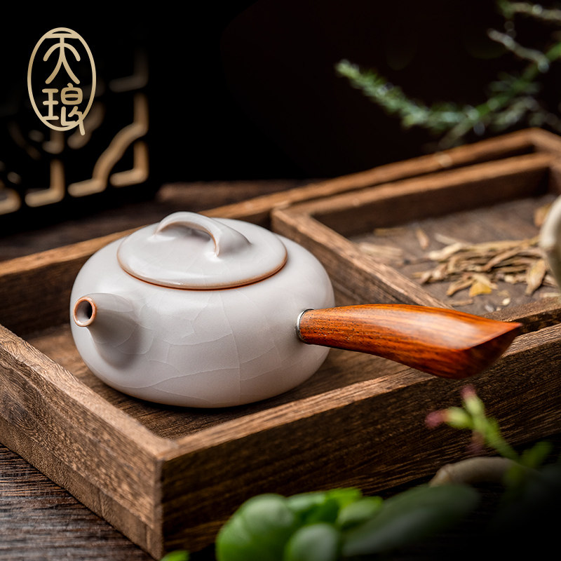 天琅窑 汝窑羊脂白玉釉侧把壶 蝉翼纹可养开片高端茶具单壶收藏