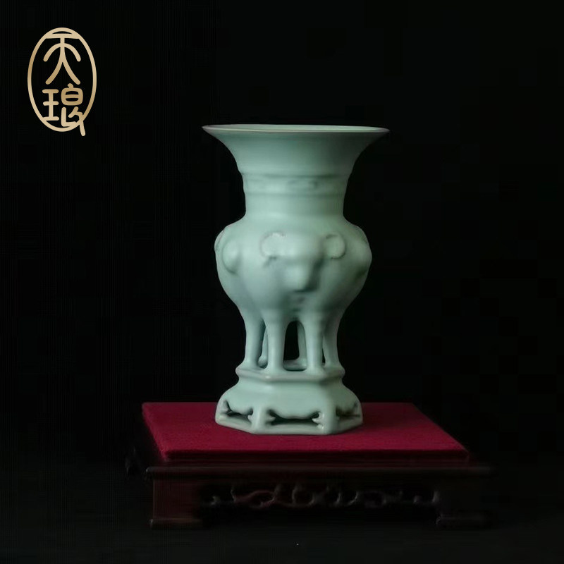 天琅窑汝窑天青三羊开泰尊 收藏级古玩古董 陶瓷工艺品